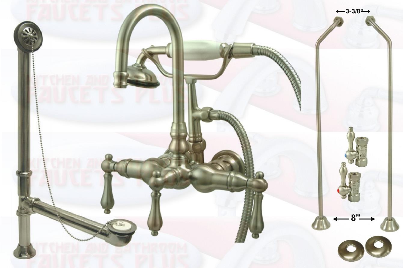 Kingston Brass CCK3188AL Vintage Satin Nickel Wall Mount Down Spout Clawfoot Tub & Shower Package with Metal Lever Handles